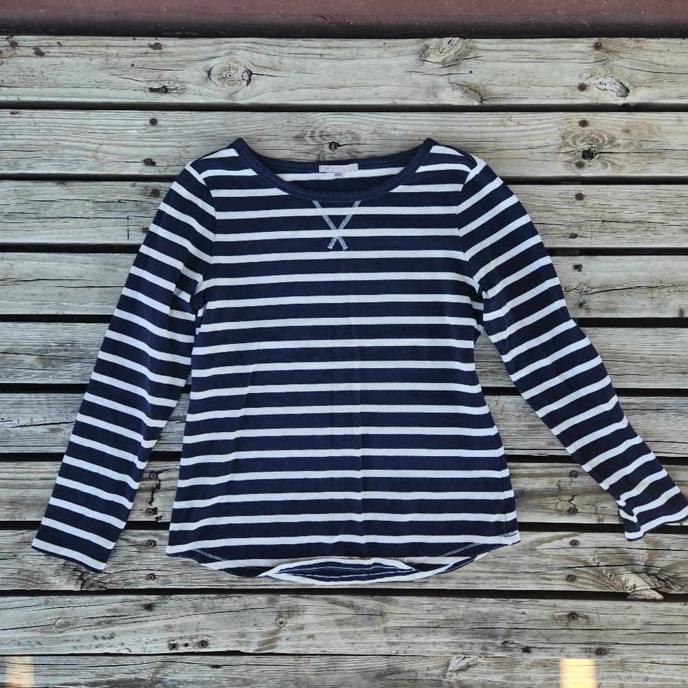 Gap Navy Blue White Striped Long Sleeve Shirt Sweater Medium Elbow Patch Casual